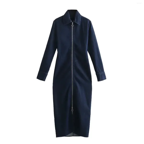 Robes décontractées 2024 Blue Denim Robe Femmes Automne Fermeture à glissière Longue à manches Jean Midi Femme Collier