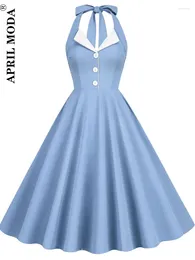 Robes décontractées 2024 Blue Hepburn Style 50s 60S Vintage Robe A-Line Backless Halter Pin Up Rockabilly Women Summer Retro Party Vestidos