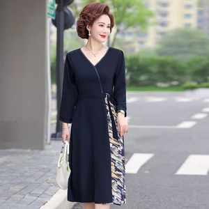 Vestidos informales 2024 Patchwork azul Midi Women Mujeres elegantes Elegante Luxury Otoño Invierno Corea Corea