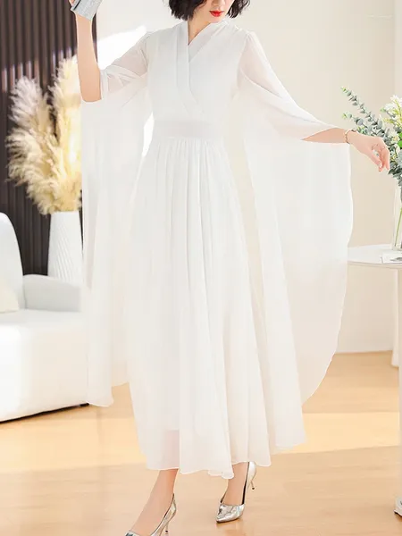 Vestidos casuales 2024 gasa blanco mujeres vintage vestido de fiesta manga larga elegante elegante moda maxi verano púrpura noche para