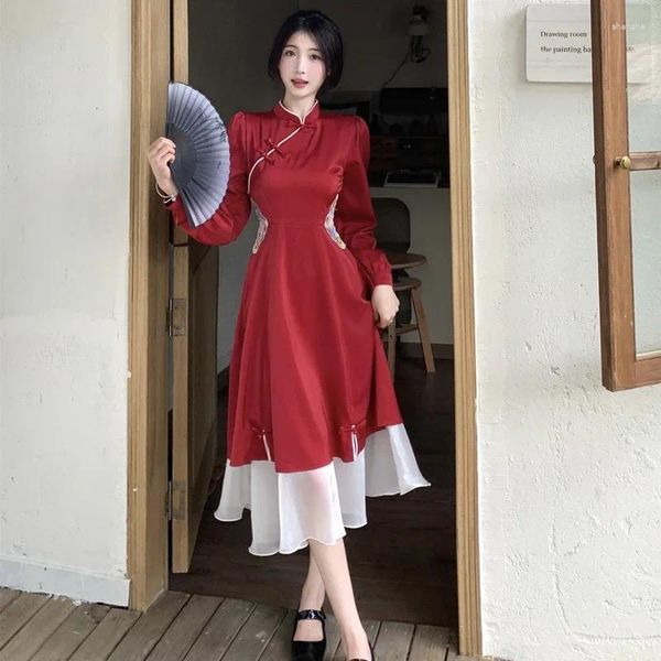 Robes décontractées 2024 Chinois Amélioration du Cheongsam Broidered Party For Women Retro Stand Collar Élégant Robe Rouge Slim / Black