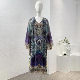 Casual jurken 2024 collectie paars blauw luipaardprint diamanten geperste v-hals oversize losse midi-jurk met lange mouwen van hoge kwaliteit