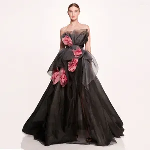 Robes décontractées 2024 Couture Black Organza Robe formelle sans bretelles 3D Rosette longue fête de bal avec doublure faite à la main robes de fiesta
