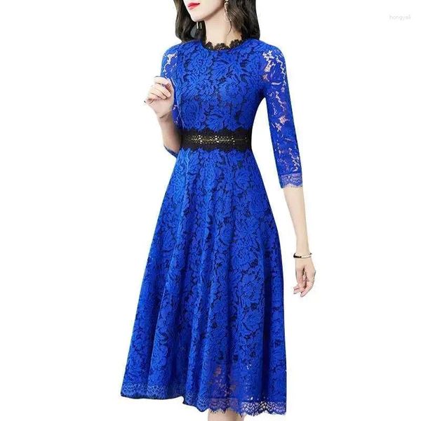 Vestidos casuales 2024 Crochet Hollow Out Lace Otoño Mujeres Moda Tres cuartos Manga Slim Cintura Party Midi Vestido