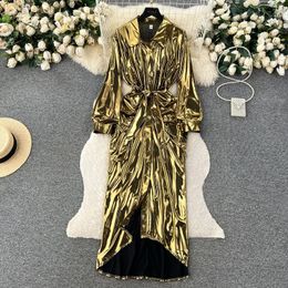 Robes décontractées 2024 Design Automne Pleted Lace Up Washing Slim Shirt Robe For Women Evening Party Pruple Gold Sparkling Long Prom