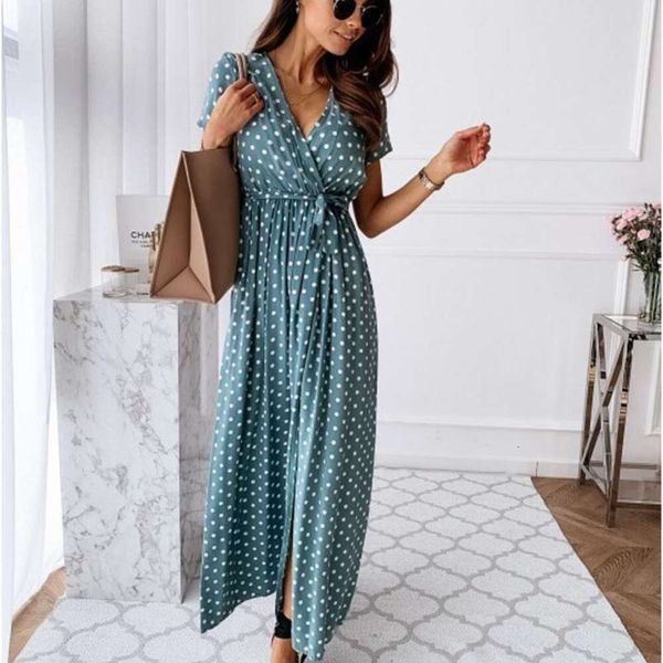 Robes décontractées 2024 Designer Fashion Polka Dot Split Boho Robe V-Neck Women Beach Vacation Long Vestido de Mujer