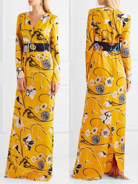 Robes décontractées 2024 Designer Luxe Maxi Robe Femme À Manches Longues Jaune Géométrie Imprimer Jersey Stretch Soie Spandex