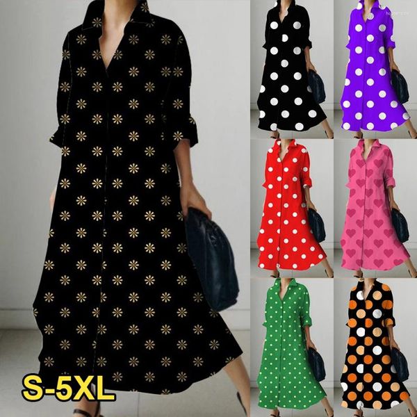 Robes décontractées 2024 Robe d'été Polka Dot Femme Petite Chemise à fleurs Style Bohème Midi Taille haute Bureau de vacances Vêtements d'automne