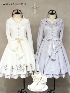 Vestidos informales 2024 Tiende la primavera japonesa dulce lindo vestido lolita para mujeres kawaii dibujos animados bordado arco encaje delgado fit midi