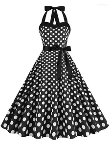 Casual jurken 2024 Elegant Halter Pinup Vintage Dress 50s 60s Women Polka Dot Print Swing Swing Summer Party with Belt