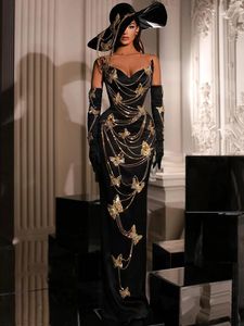 Robes décontractées 2024 Robe de soirée élégante pour femmes Luxe Gold Butterfly Chain Black Robes de bal sans bretelles avec de longs gants Tenues de soirée
