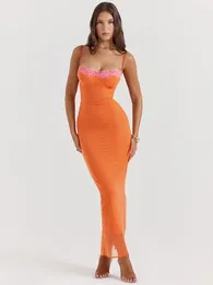 Abiti casual 2024 Elegante cinturino per spaghetti in pizzo patchwork arancione abito lungo donna sexy a vita alta aderente senza schienale fessura vacanza spiaggia