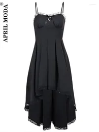 Casual jurken 2024 Elegante zomer zwart lange feestjurk spaghetti riemen stevige zonsondergang hoge lage kant gotische midi avond voor vrouwen
