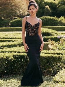 Vestidos casuales 2024 Elegante Mujer en V Neck Patchwork Ocasión formal Formal Sexy Alta cintura Backless Ver a través de Long Party Dress Black