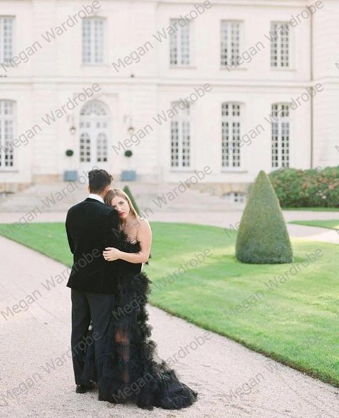 Vestidos casuales 2024 est moda negro fuera del hombro sin tirantes fiesta larga mujeres plumas top volantes vestido de novia de tul pografía