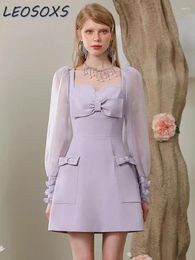 Casual jurken 2024 herfst vrouwen kleding elegante romantische boog taille-slinking mini-jurk modeontwerp temperament paars voor