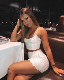 Robes décontractées 2024 Fashion Per perle Spaghetti Strap Party Femme Femmes Wholesale Bodycon Robe Set White