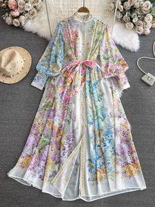 Casual jurken 2024 Fashion Boemain Flower Maxi Dress Women's Stand Long Lantern Sleeve Single Breasted Floral Print Lace Up Loose Boho Robe