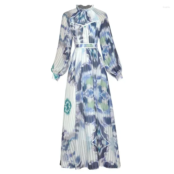 Robes décontractées 2024 Designer de mode Automne Midi Femmes Lanterne Manches Tie-Dye Stripe Imprimé Robe de vacances élégante