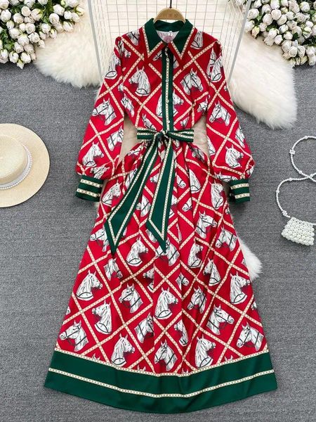 Robes décontractées 2024 Designer de mode Plaid Animal Cheval Imprimer Maxi Robe Femmes Turn Down Col Bow Lace Up Contraste Couleur Piste Longue