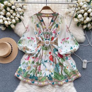 Robes décontractées 2024 Mode Vacances Fleur Robe Femme V Cou Longue Lanterne Manches Floral Imprimé Boutons Bas Ceintures Courtes Mini Robes