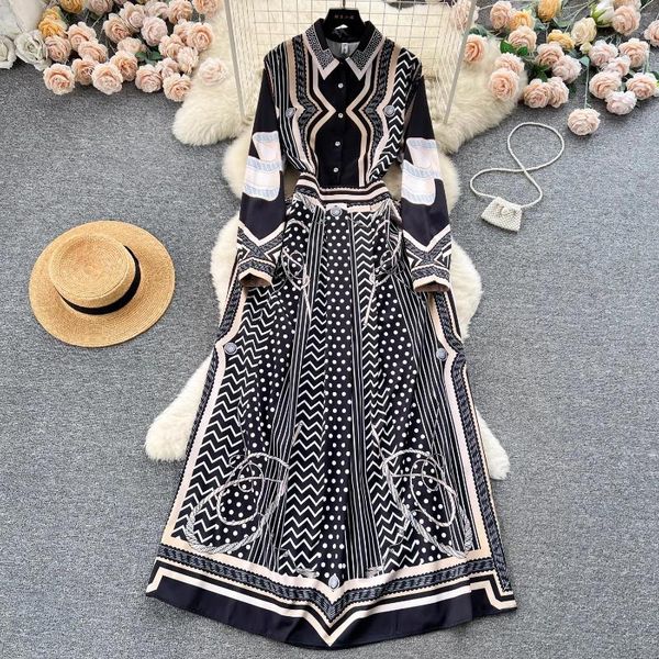 Vestidos casuales 2024 Moda Runway Camisa Maxi Vestido Mujeres Manga larga Turn Down Cuello Vintage Stripe Dot Print High Cintura Party Robes 6040