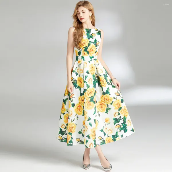 Vestidos informales 2024 Fashion Runway Summer Flower Flower Amarillo Long Vestido Elegante Mujeres O Cuello sin mangas Tanks Rente de vacaciones de cintura alta