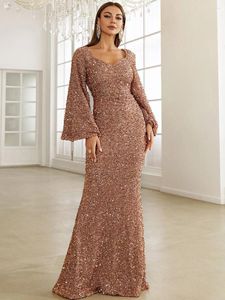 Casual jurken 2024 Fashion v Neck Wrap Hip Sequins Dress Gold Mid Taille Flare Sheeves Long Evening for Women Elegant Party