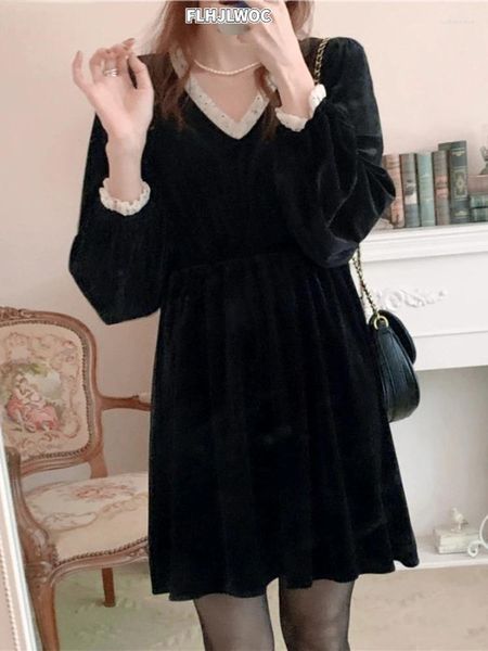 Vestidos casuales 2024 Fenimine Vestidos Lindo Japón Corea Chic Fashion Clothwork Poscado de encaje blanco Velveto negro Velvet