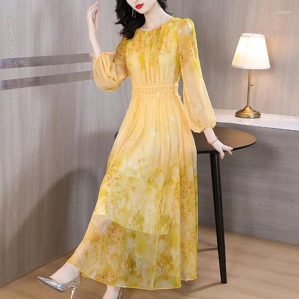 Robes décontractées 2024 Floral Silk Long Manches luxe Maxi Robe Femmes Elegant Bodycon Prom Prom Summer Summer Korean Fashion Party