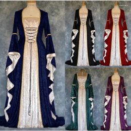 Casual jurken 2024 Gold Velvet Lace-Up Bell Sleeve Retro Medieval Middeleeuwse Lange en vloerjurk Women's