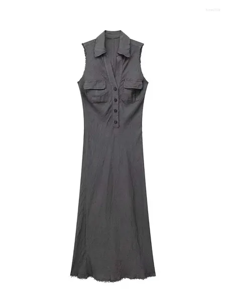 Robes décontractées 2024 Robe chemise grise Femme sans manches Femme Linge d'été effiloché Maxi pour femmes boutonné