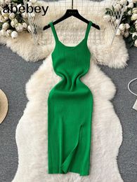 Casual Jurken 2024 Groene V-hals Zomer Gebreide Sexy Band Jurk Vrouwen Tank Elatic Taille Bodycon Zonnejurk Vrouwelijke Strand Split backless Lange