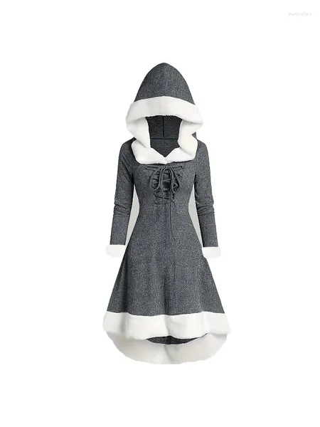 Robes décontractées 2024 Harajuku Vintage Femmes Robe à capuche Gris Noël Automne Hiver Couleur unie Robe de soirée au genou