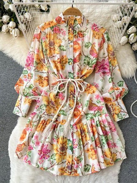 Robes décontractées 2024 Vacances Floral Lâche Mini Robe Femme Col Roulé Longue Lanterne Manches Tassles À Lacets Fleur Imprimé Mousseline De Soie Robes