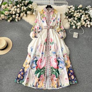 Casual Jurken 2024 Vakantie Tulp Bloemen Maxi-jurk Dames Stand Linnen Lange Lantaarnmouwen Bloemenprint Riem Enkele rij knopen vestido 6222