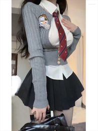 Robes décontractées 2024 Costume d'uniforme japonais Femme Gris Slim Pull tricoté Tops Noir Bodycon Y2K Mini Jupe College Fashion 3 pièces Ensemble Fille