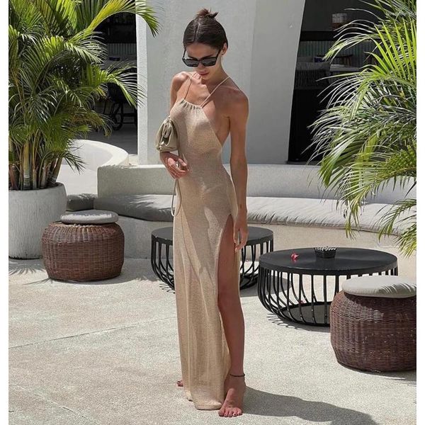 Robes décontractées 2024 Kintted Cover Up Beach Sexy Voir à travers Maxi Slit Bodycon Summer Dress Bikinis Cover-up Elegant Halter Beachdress