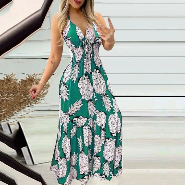 Vestidos casuales 2024 Señoras impresas Sling Long Spaghetti Strap Deep-V Cuello de corte bajo Maxi Vestido de verano Playa Boho