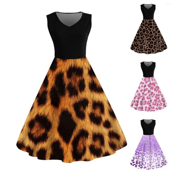 Vestidos casuales 2024 Estampado de leopardo Boho Mujeres Vestido midi ajustado Cintura alta Sin manga A-Line Dobladillo suelto Retro 50s 60s Lady Prom Party