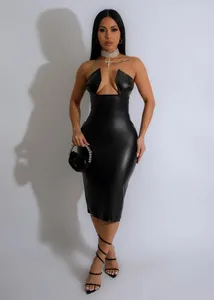 Robes décontractées 2024 Designer de luxe noir jeune sexy club en cuir sans bretelles sans manches doux taille haute femmes maigre longue robe crayon