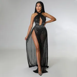 Robes décontractées 2024 Designer de luxe voir à travers la dentelle sexy club jeune solide licou épaule dos nu femmes longue a-ligne robe de broche