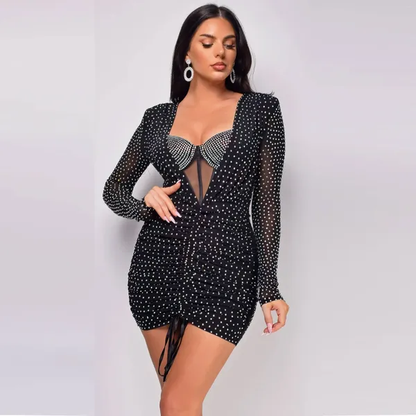 Robes décontractées 2024 Designer de luxe Sweet Young Sexy Club Black Diamonds Full Sleeve High Woon Femmes Robe crayon