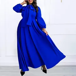 Robes décontractées 2024 Designer de luxe Young Solid Faicycore Office Lady Bow Full Puff Sleeve High Woon Femmes Long A-Line Robe