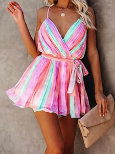 Casual jurken 2024 Roze Boheemse tie-geverfde sexy spaghetti strap zomer strandjurk chiffon tuniek vrouwen elegante Backless Mini C1A401
