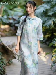 Casual jurken 2024 Print zomerjurk vrouwen Chinese stijl qipao moderne ramie elegant mori girl long vintage q090