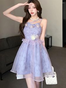 Casual jurken 2024 Paarse chique Appliques Mini Dress Summer Elegant Sling Sexy Club Prom vrouwen Koreaanse bodycon kawaii