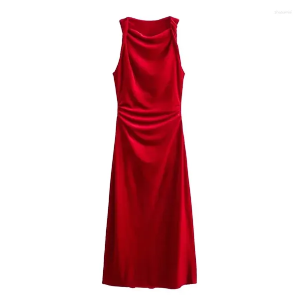 Robes décontractées 2024 Velvet rouge robe midi sans manche Long pour les femmes en soirée vintage soirée élégante