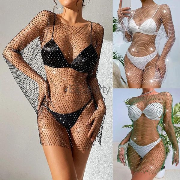 Robes décontractées 2024 Sexy Voir à travers Fishnet Rhinestone Summer Robe Femmes paillettes Mini Bodycon Party Mesh Bikini Cover Up Beach