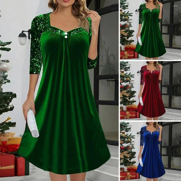 Robes décontractées 2024 Robe de fête des femmes sexy paillettes brillantes épissant le cou carré 3/4 manches longues en vrac au-dessus du genou midi vestidos